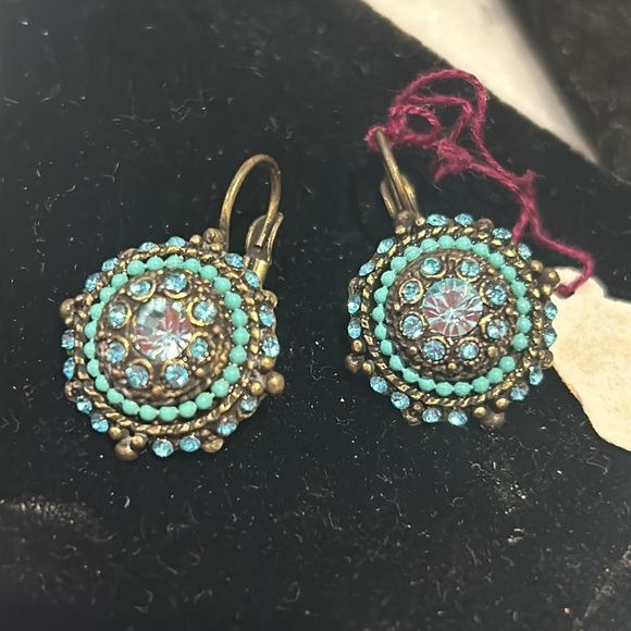 Vintage Sapphire & Turquoise Crystal Euro Wire Medallion Earrings-Boutique - Picture 1 of 7